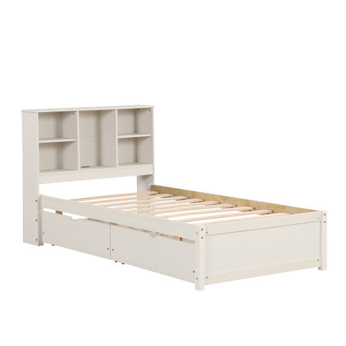 White Washed Twin Bed Frame with Bookcase Headboard and USB Charging Station