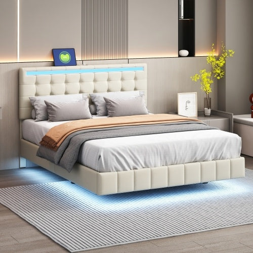 Modern Upholstered Floating Bed Frame with LED Lights & Headboard Design