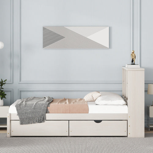White Washed Twin Bed Frame with Bookcase Headboard and USB Charging Station