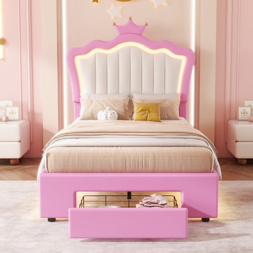 Pink and White Twin Size Upholstered Bed with Storage Drawer and LED Lights
