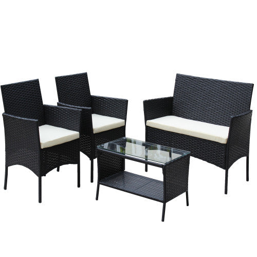Rattan Patio Set Cushioned Seat Wicker Sofa Beige Cushion