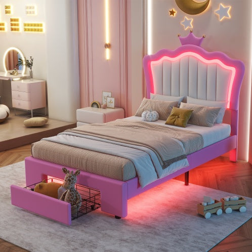 Pink and White Twin Size Upholstered Bed with Storage Drawer and LED Lights
